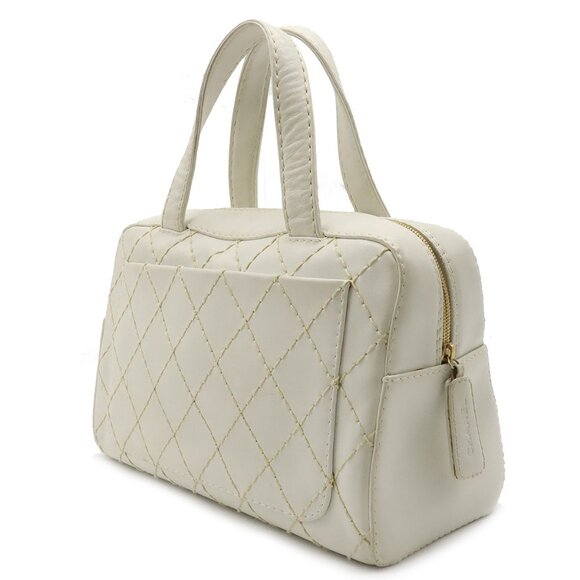 Authentic CHANEL CC Wild Stitch Vintage Quilted Bowler Hand Bag Tote Lambskin - Picture 2 of 11
